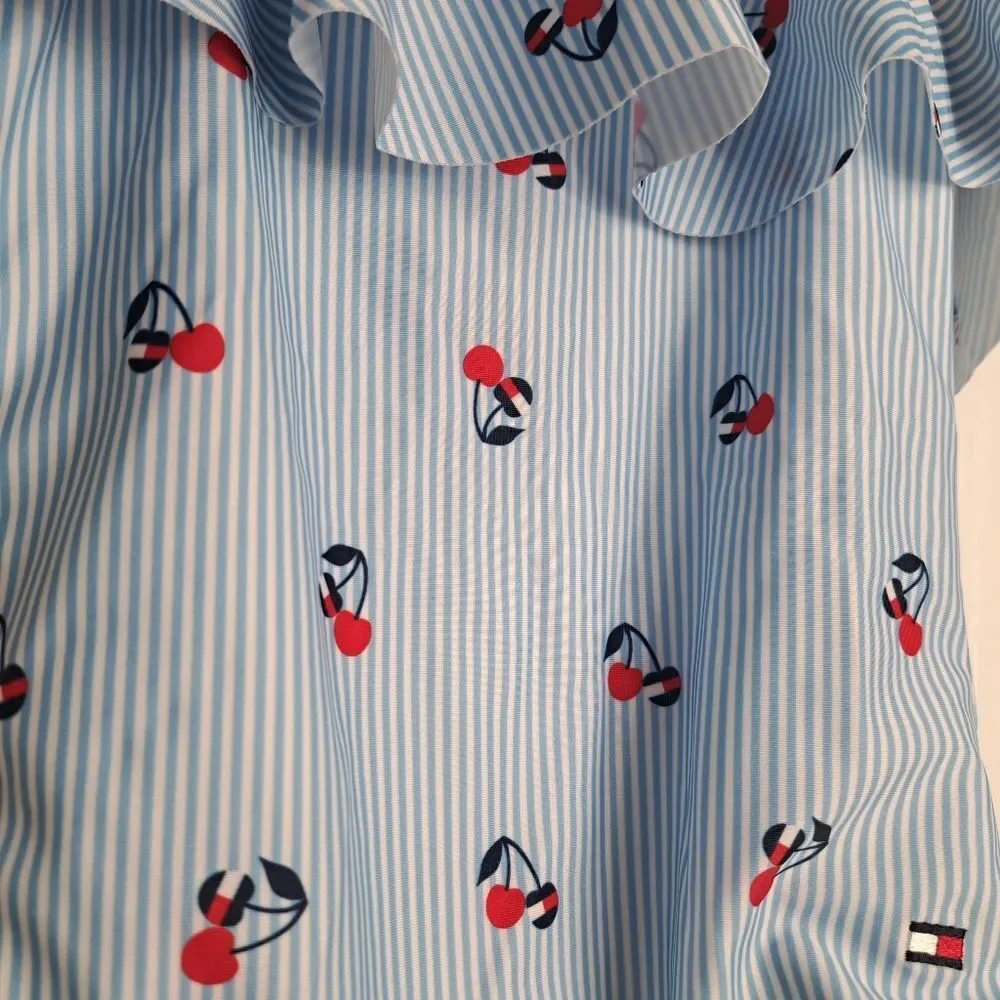 Seersucker Stripe and Cherry Print Off Shoulder Swimsuit Girls